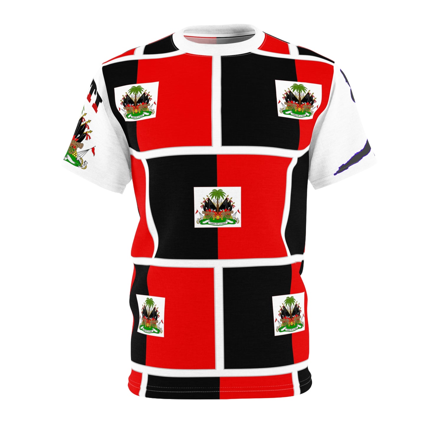 Haiti Flag Patch All-Over Print Tee – Red & Black Checkerboard Shirt